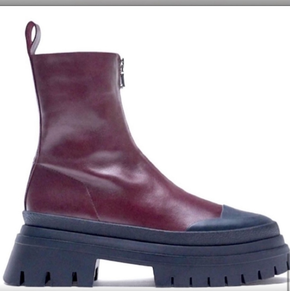 Zara Burgundy Leather Front Zip Chunky Sole Ankle Combat Boots Size 37 (6.5)